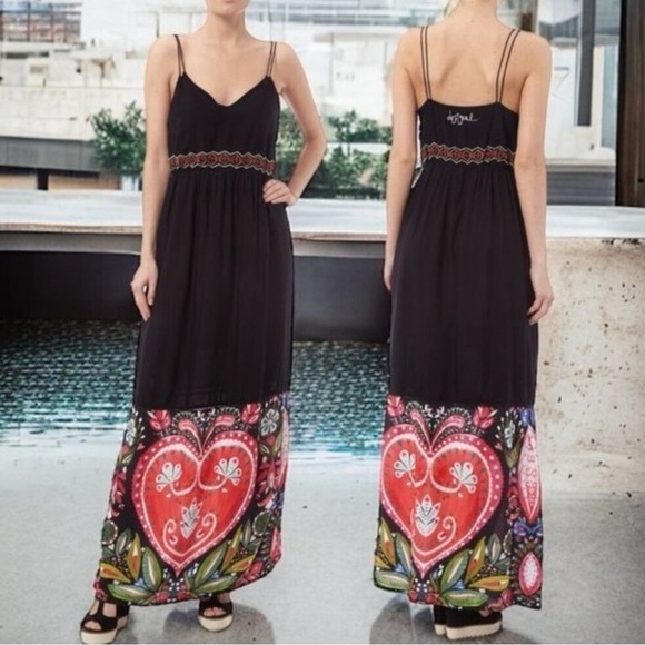 Desigual Black Heart Maxi Dress 38 Classic Boho Vacation Feminine Fairy Beach - Picture 1 of 12